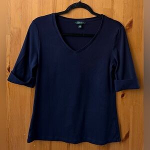 Lauren Ralph Lauren Women's Navy Blue Short Sleeve V-Neck T-Shirt - Size L